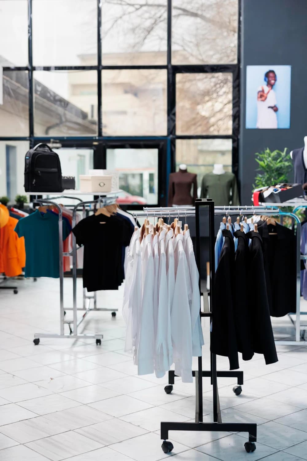Apparel retail store interior with clothing racks